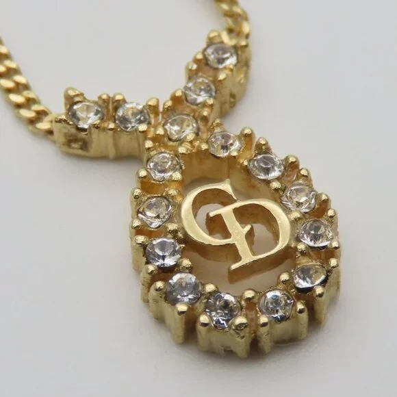 Christian Dior Necklace CD Logo Metal Rhinestone Gold Plated GP Accessories - Picture 2 of 9